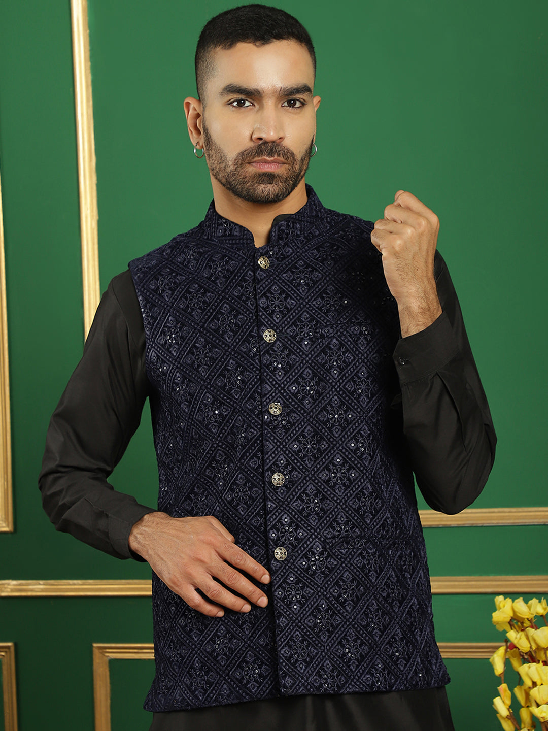 Men's Sequins Velvet Nehru Jacket - Taantav