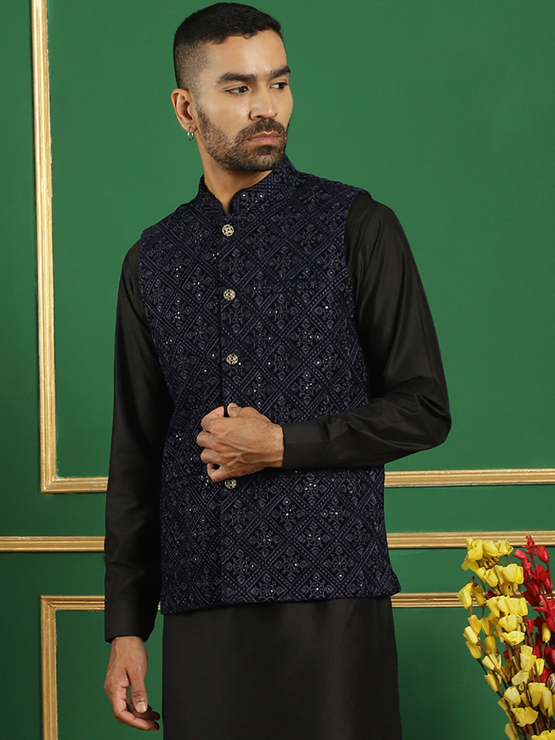 Men's Sequins Velvet Nehru Jacket - Taantav