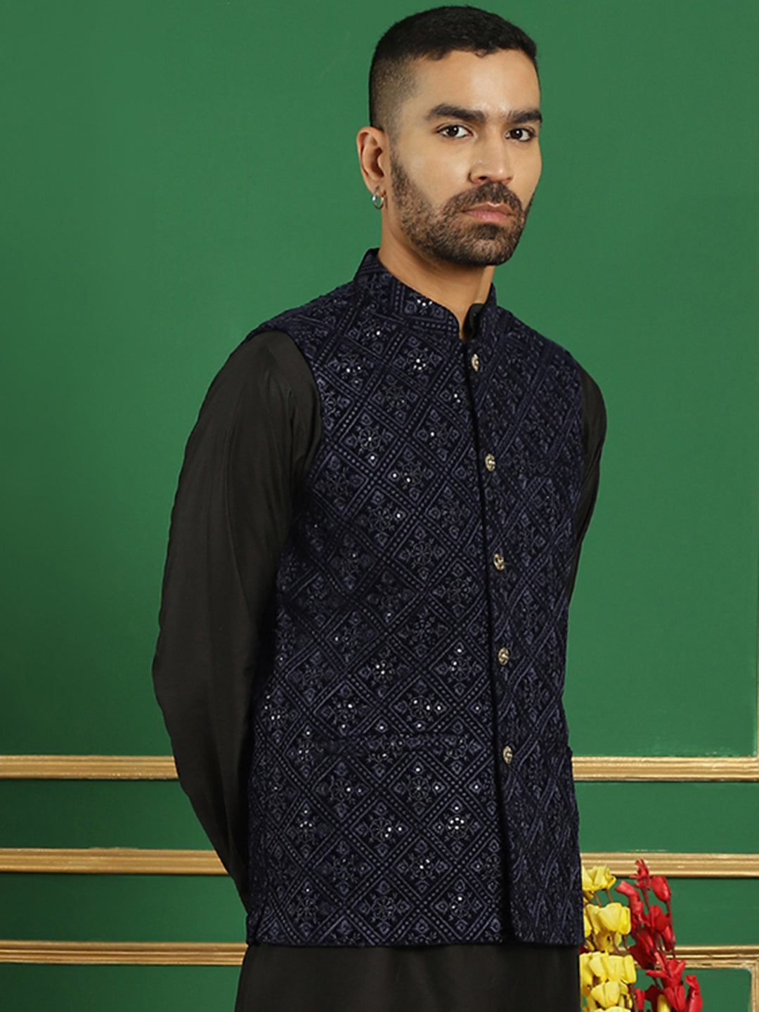 Men's Sequins Velvet Nehru Jacket - Taantav