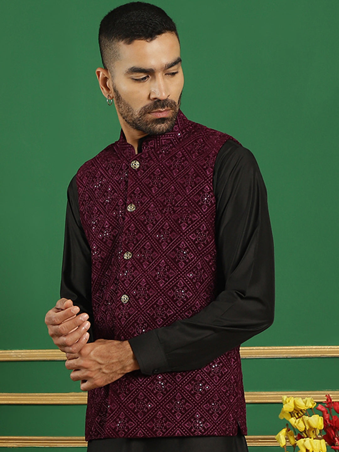 Men's Sequins Velvet Nehru Jacket - Taantav