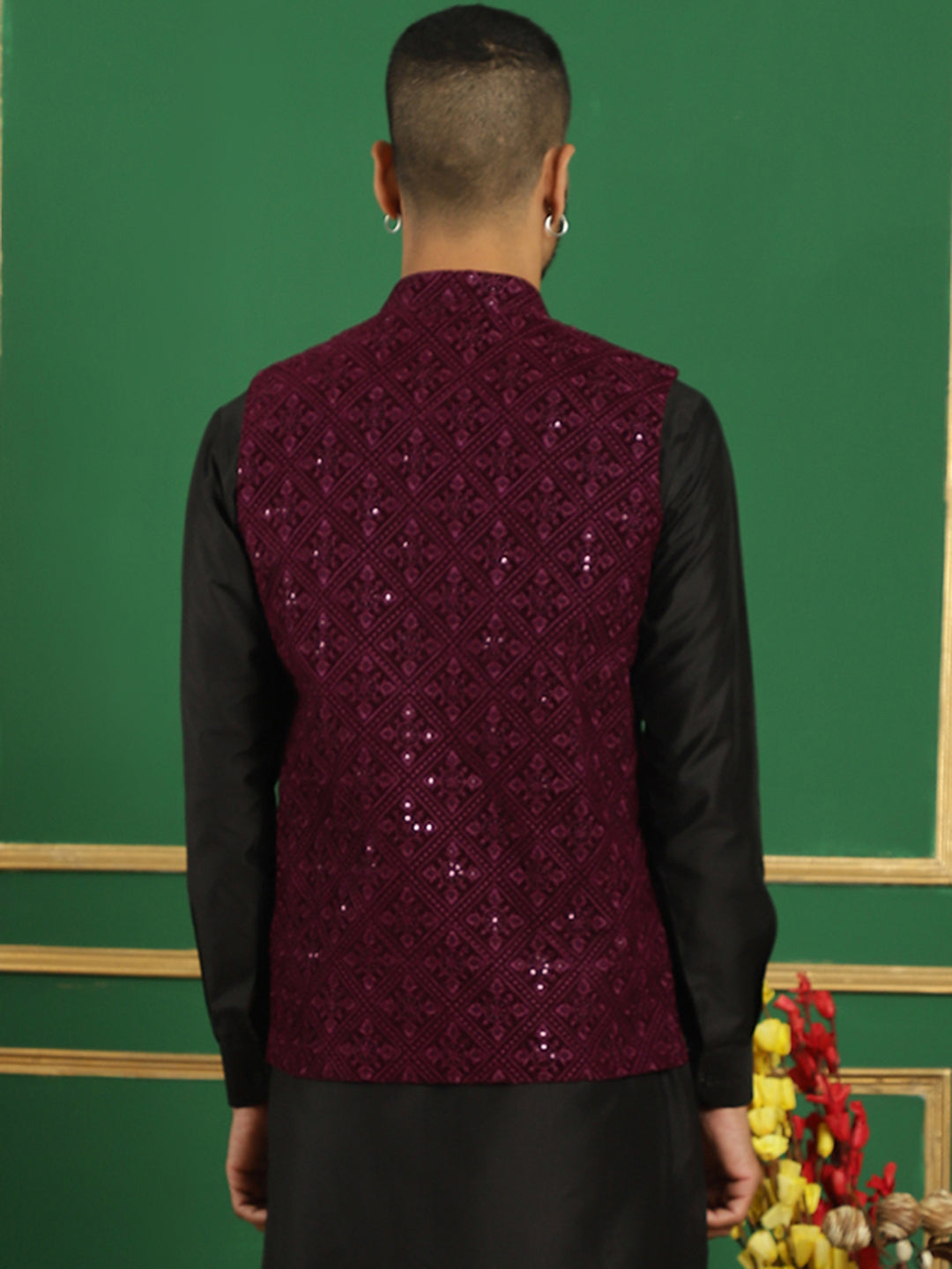 Men's Sequins Velvet Nehru Jacket - Taantav