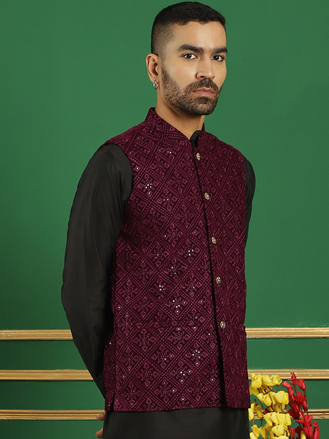 Men's Sequins Velvet Nehru Jacket - Taantav