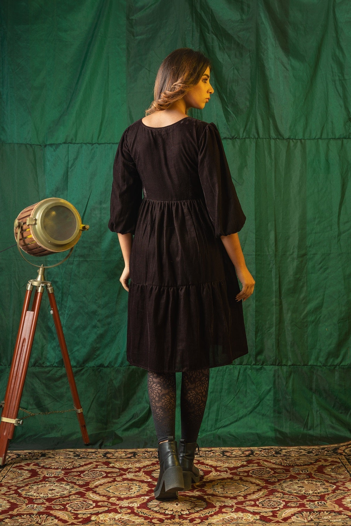 Women's Brown Velvet Tiered Dress - Nangalia Ruchira