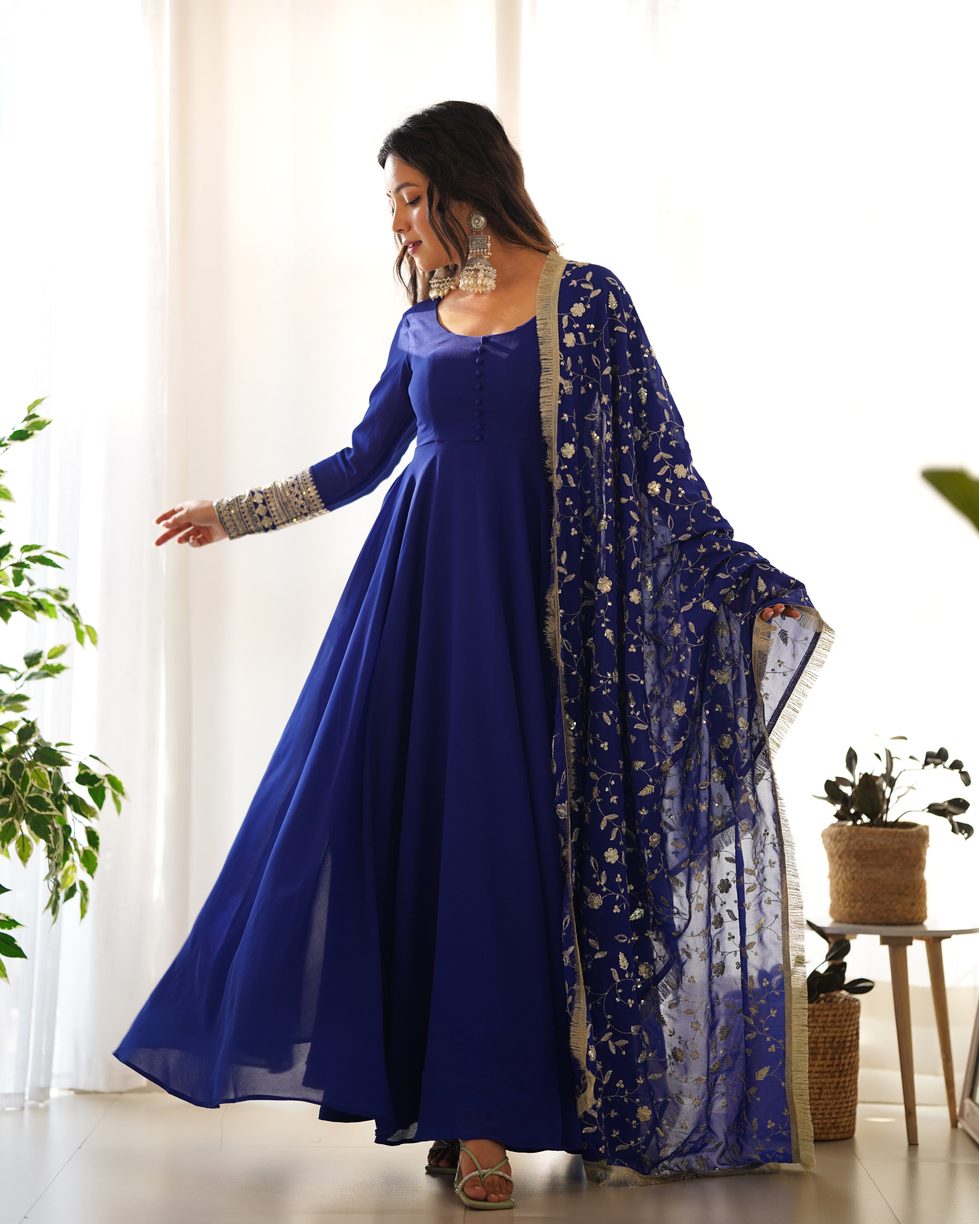 Women's Blue Georgette Plain Anarkali Set Blue / XL