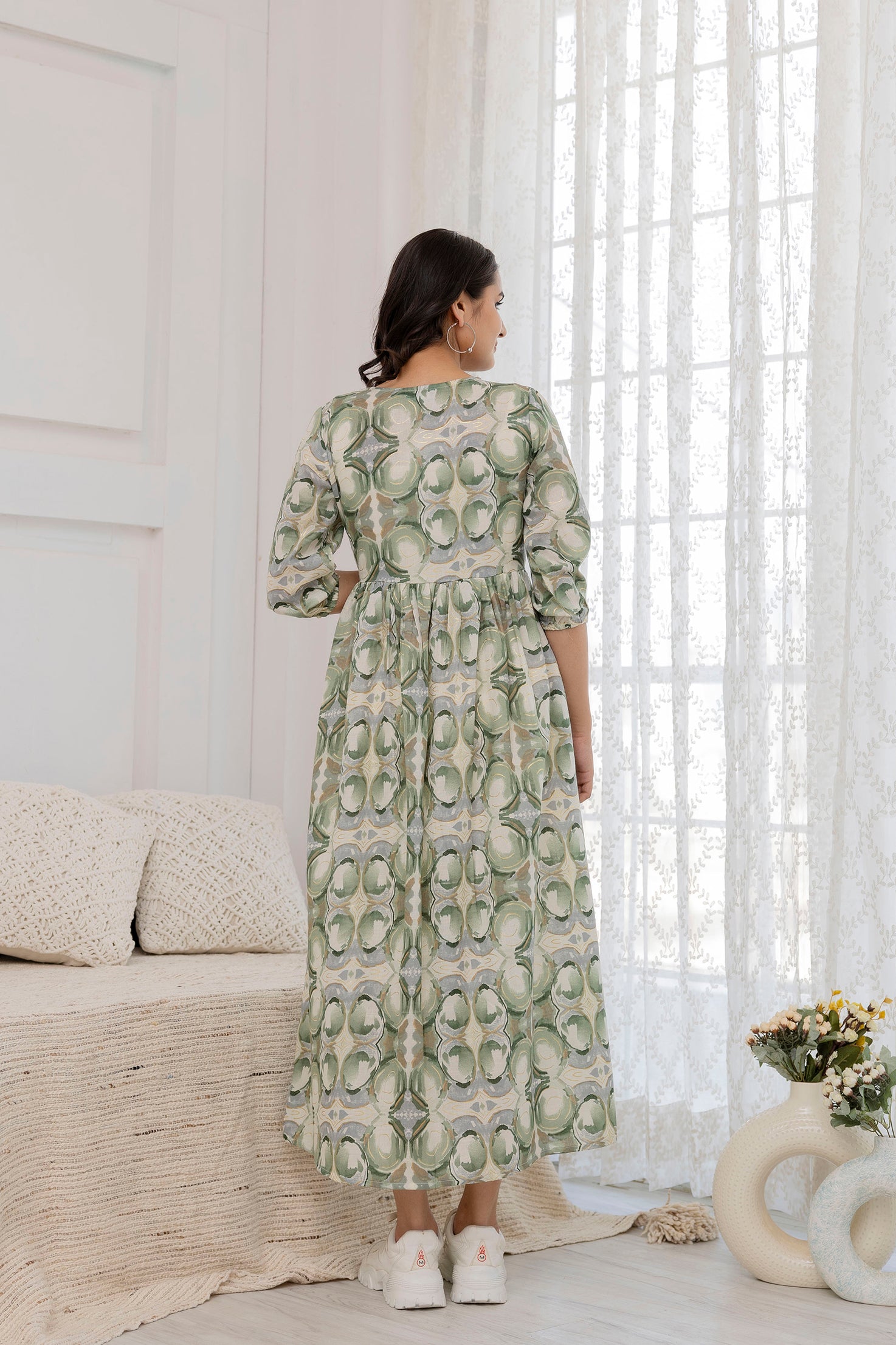 Women's Green Abstract Printed Flared Dress - Taantav