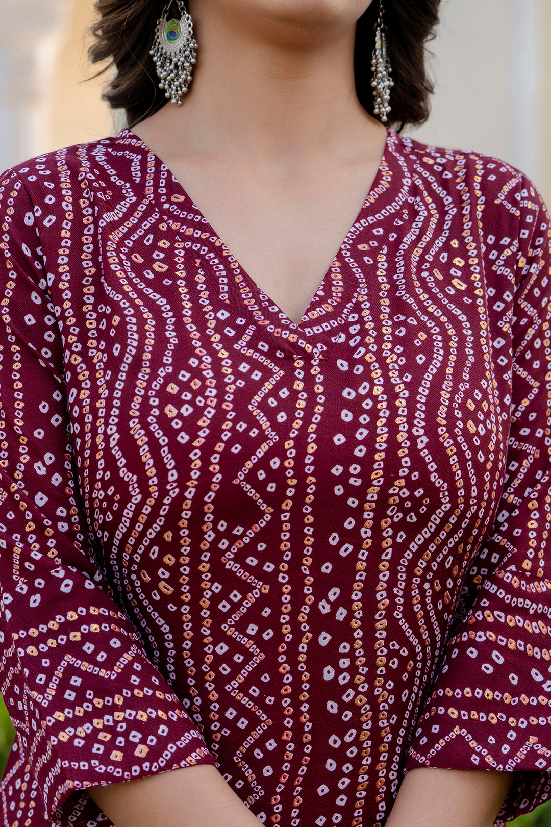 Women's Maroon Printed Straight Kurta with Three Quarter Sleeves - Taantav