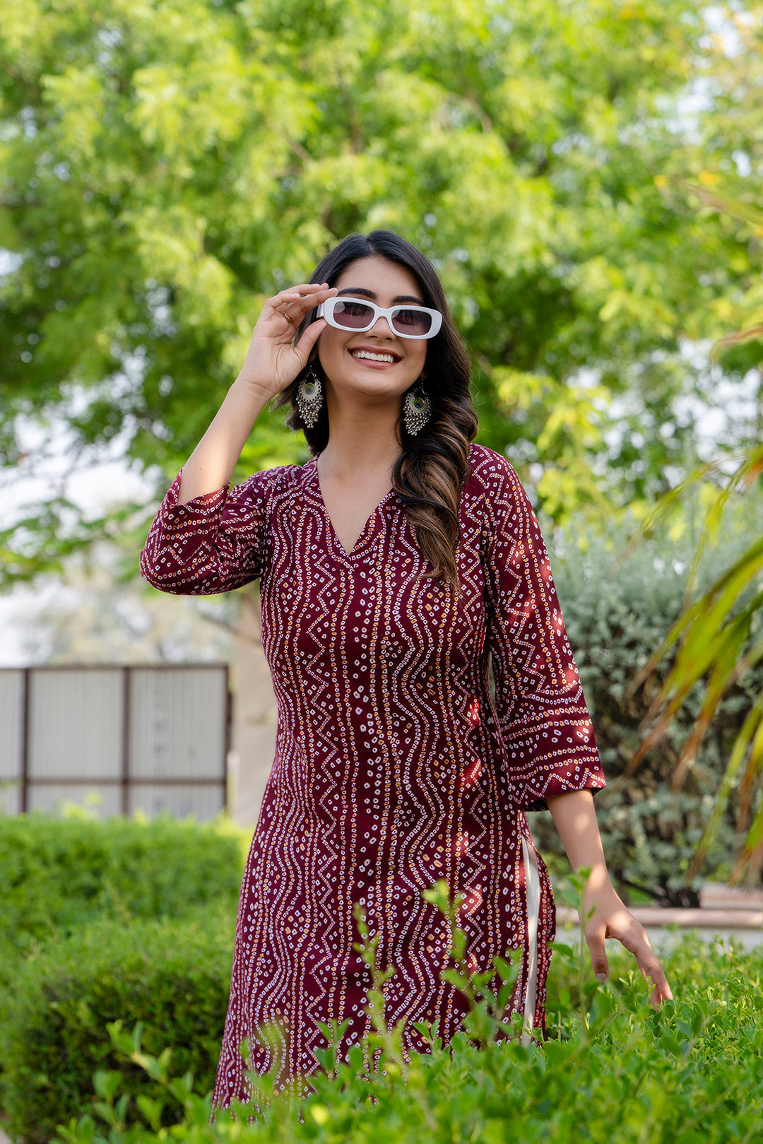 Women's Maroon Printed Straight Kurta with Three Quarter Sleeves - Taantav