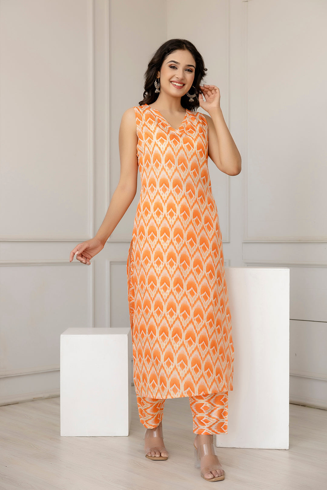 Women's Orange Color Printed Straight Kurta With Trouser - Taantav