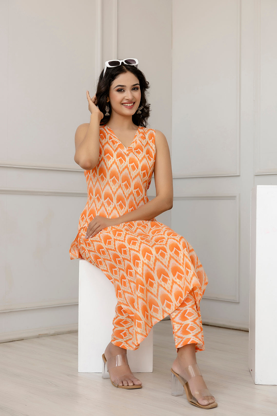 Women's Orange Color Printed Straight Kurta With Trouser - Taantav