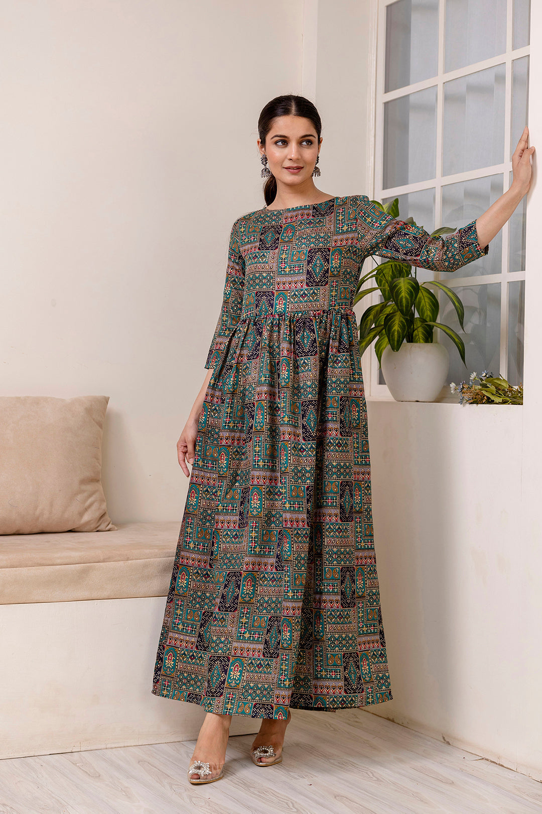 Women's Green Abstract Printed Flared Dress - Taantav