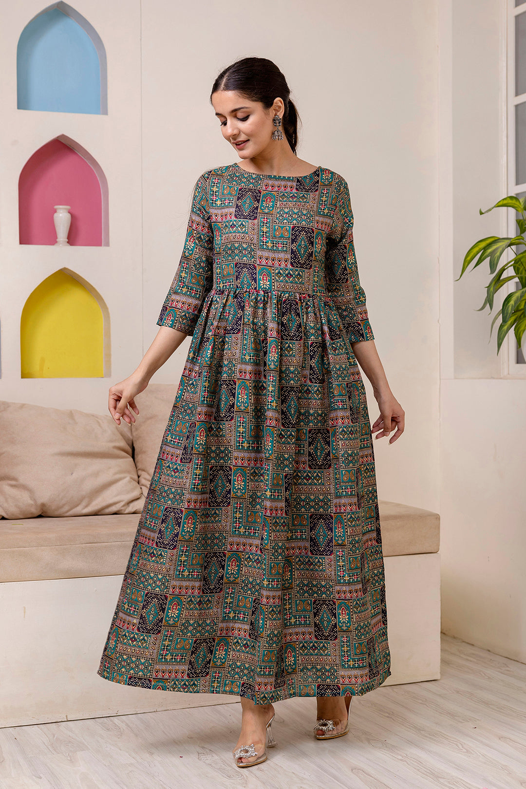 Women's Green Abstract Printed Flared Dress - Taantav