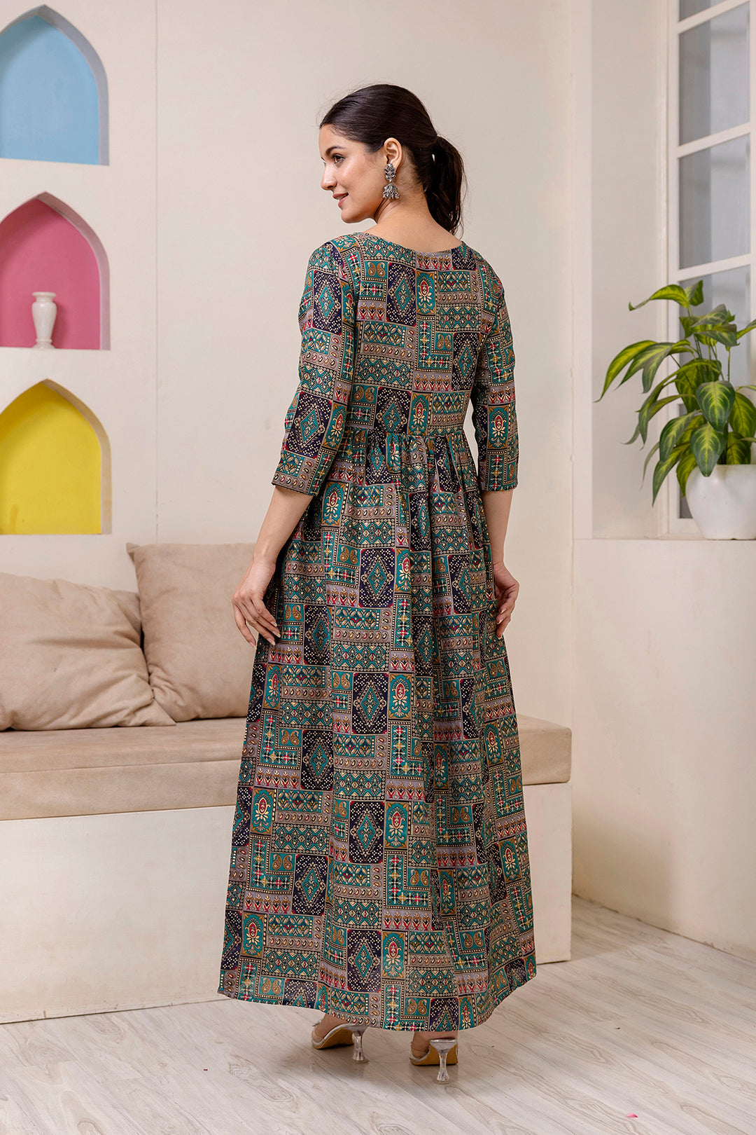 Women's Green Abstract Printed Flared Dress - Taantav