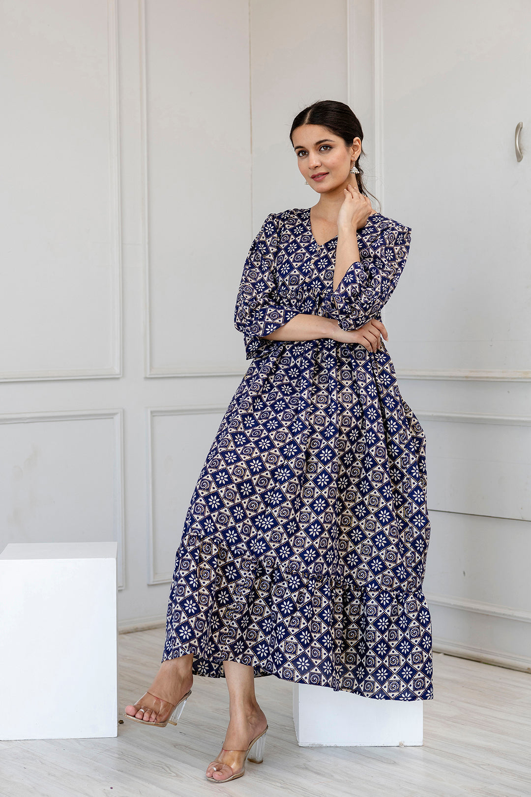 Women's Blue Ethnic Printed Flared Dress - Taantav