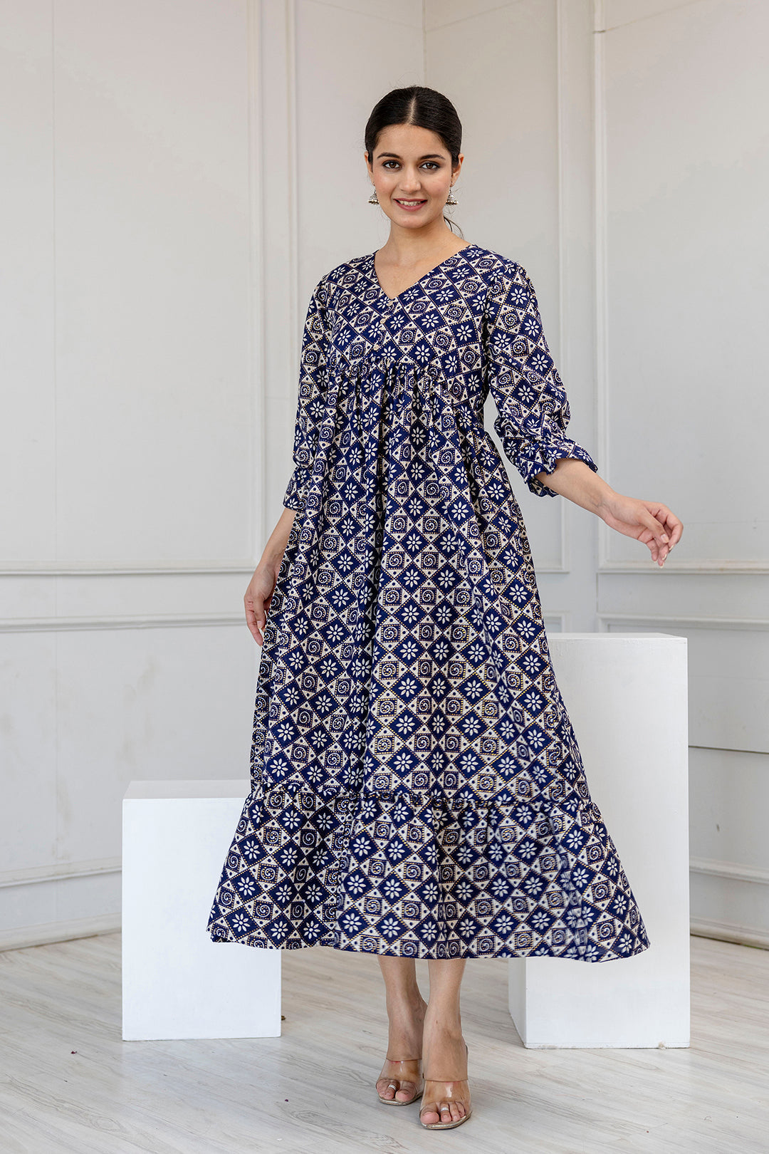 Women's Blue Ethnic Printed Flared Dress - Taantav