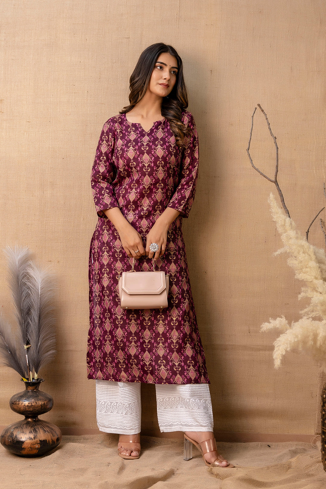 Women's Burgundy Printed Straight Kurta - Taantav