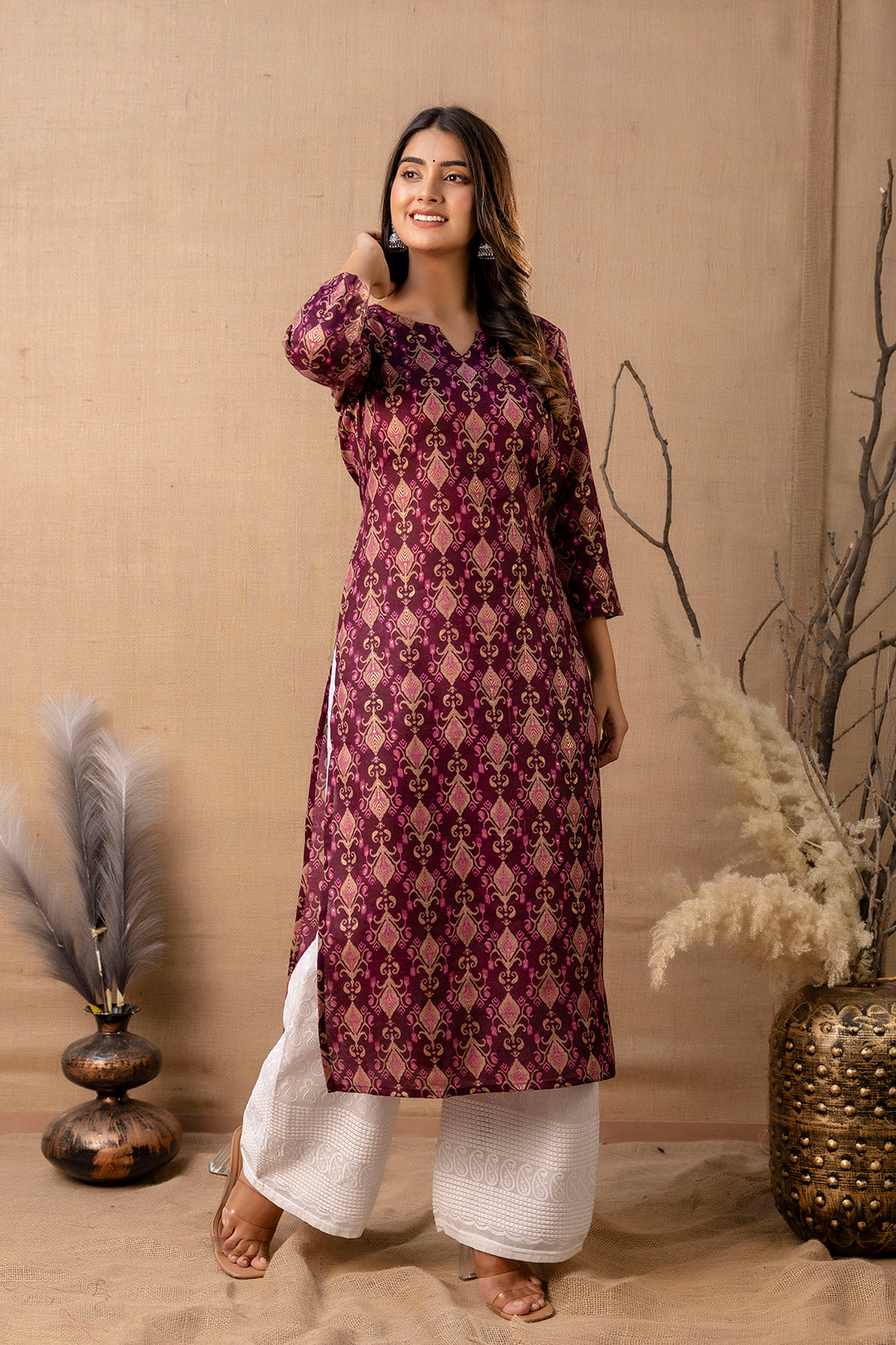 Women's Burgundy Printed Straight Kurta - Taantav