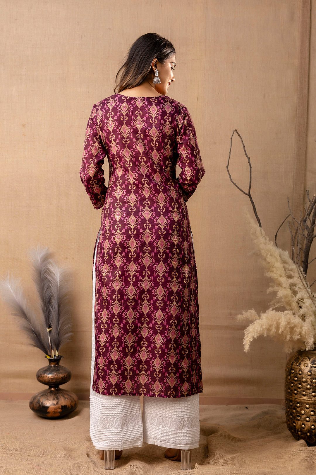 Women's Burgundy Printed Straight Kurta - Taantav