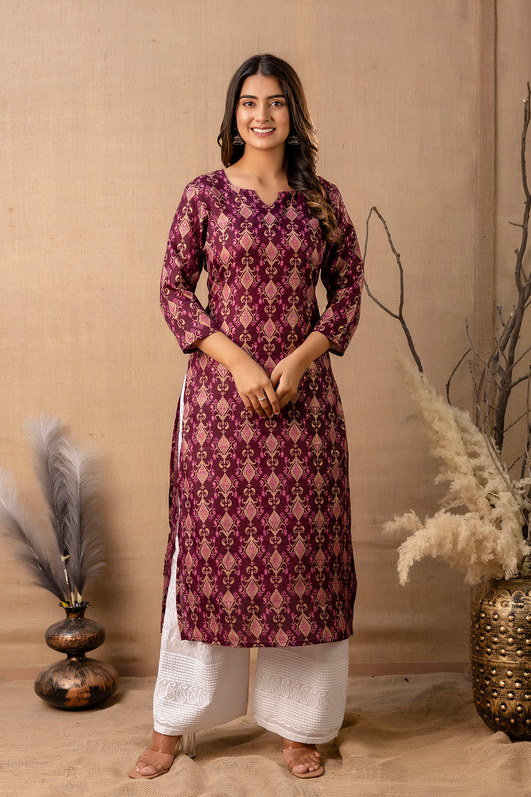 Women's Burgundy Printed Straight Kurta - Taantav