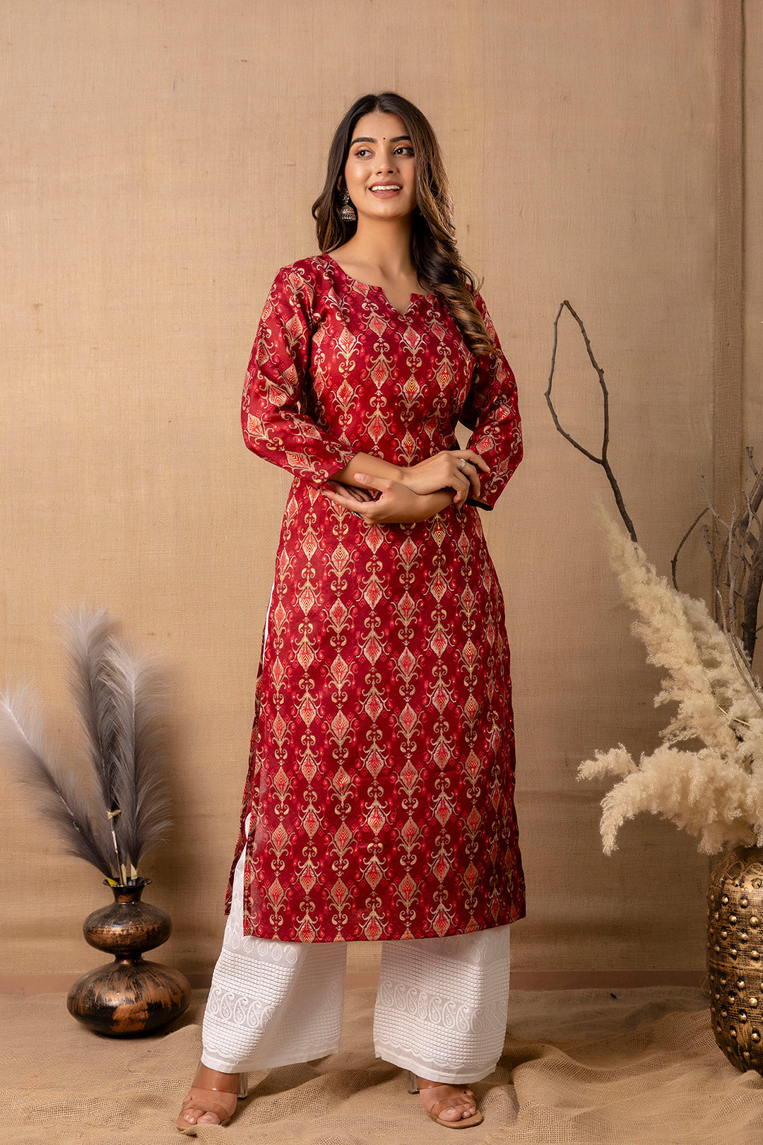 Women's Maroon Printed Straight Kurta - Taantav