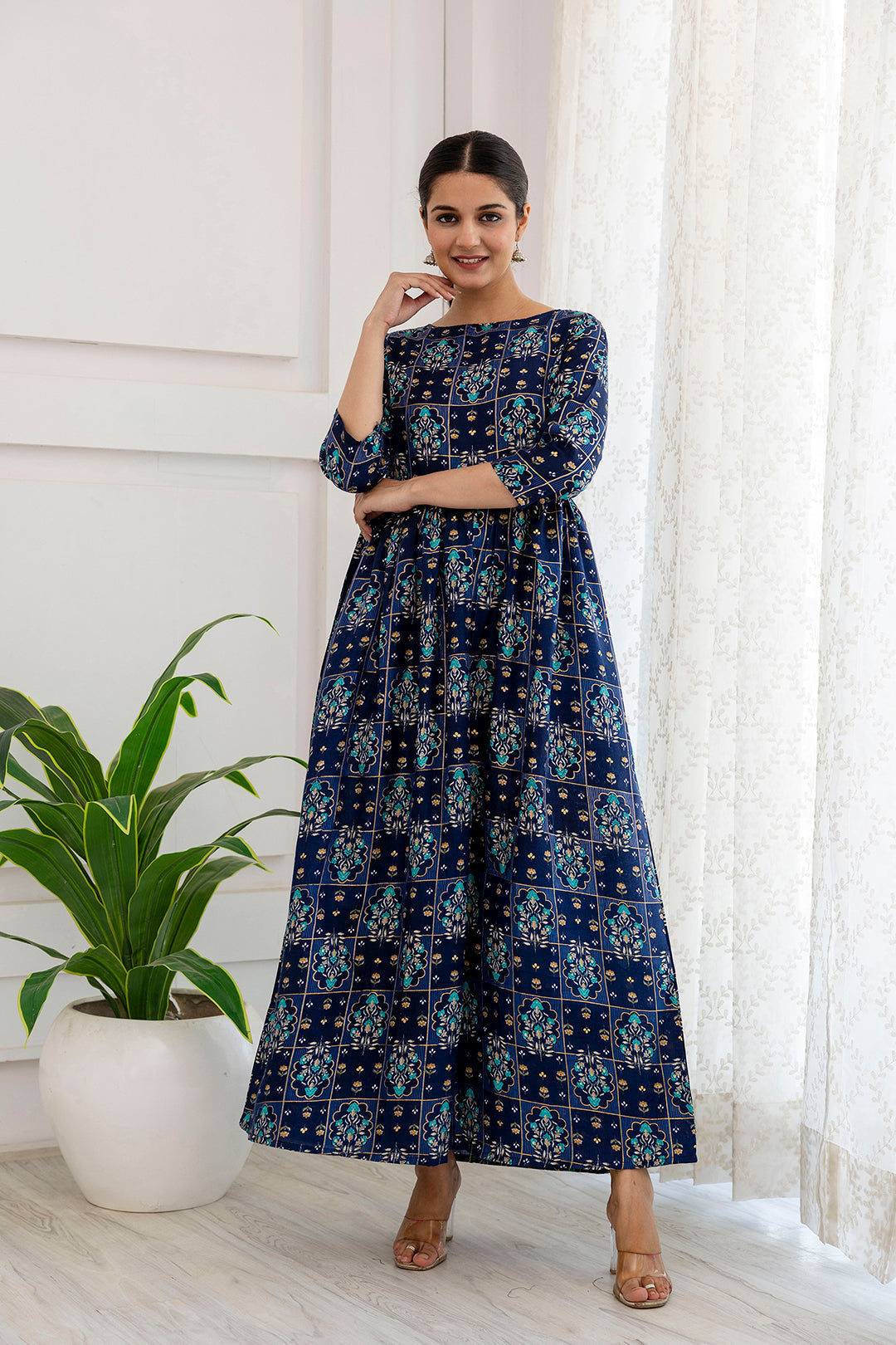 Women's Navy Blue Ethnic Printed Flared Dress - Taantav