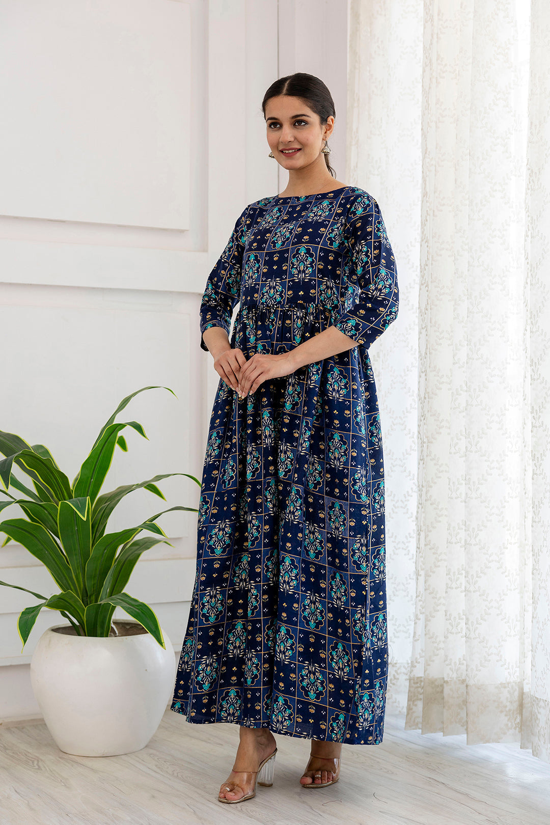 Women's Navy Blue Ethnic Printed Flared Dress - Taantav