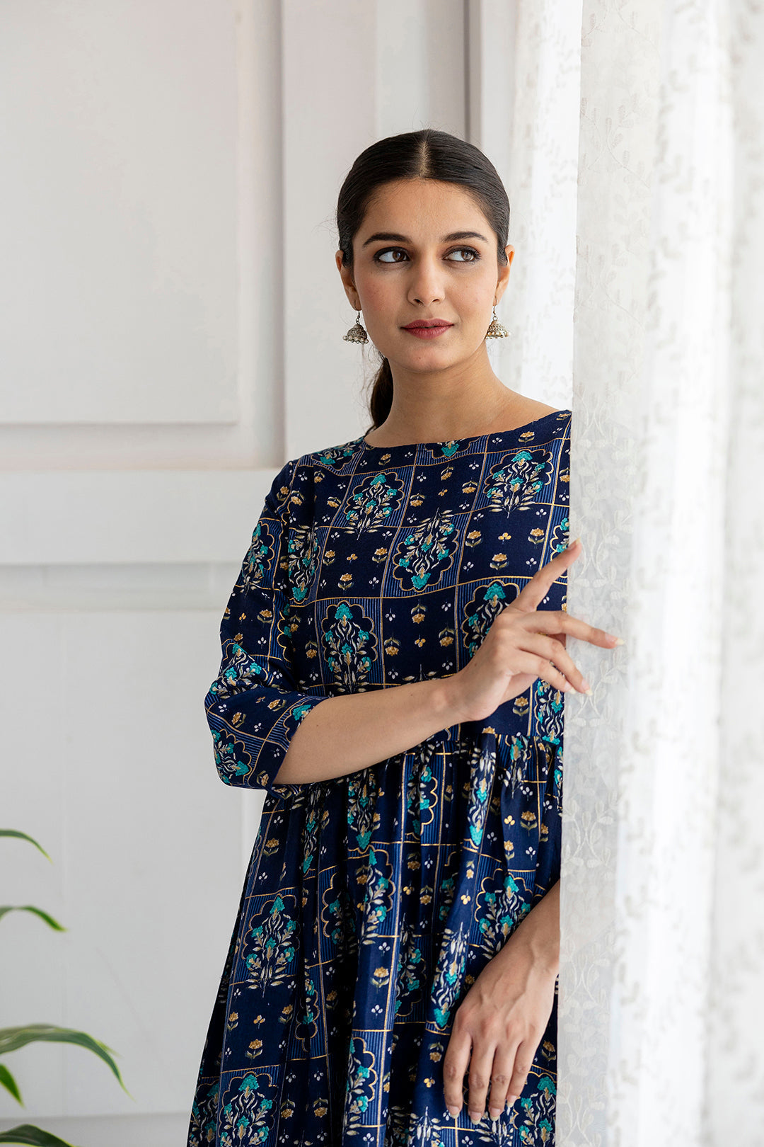 Women's Navy Blue Ethnic Printed Flared Dress - Taantav