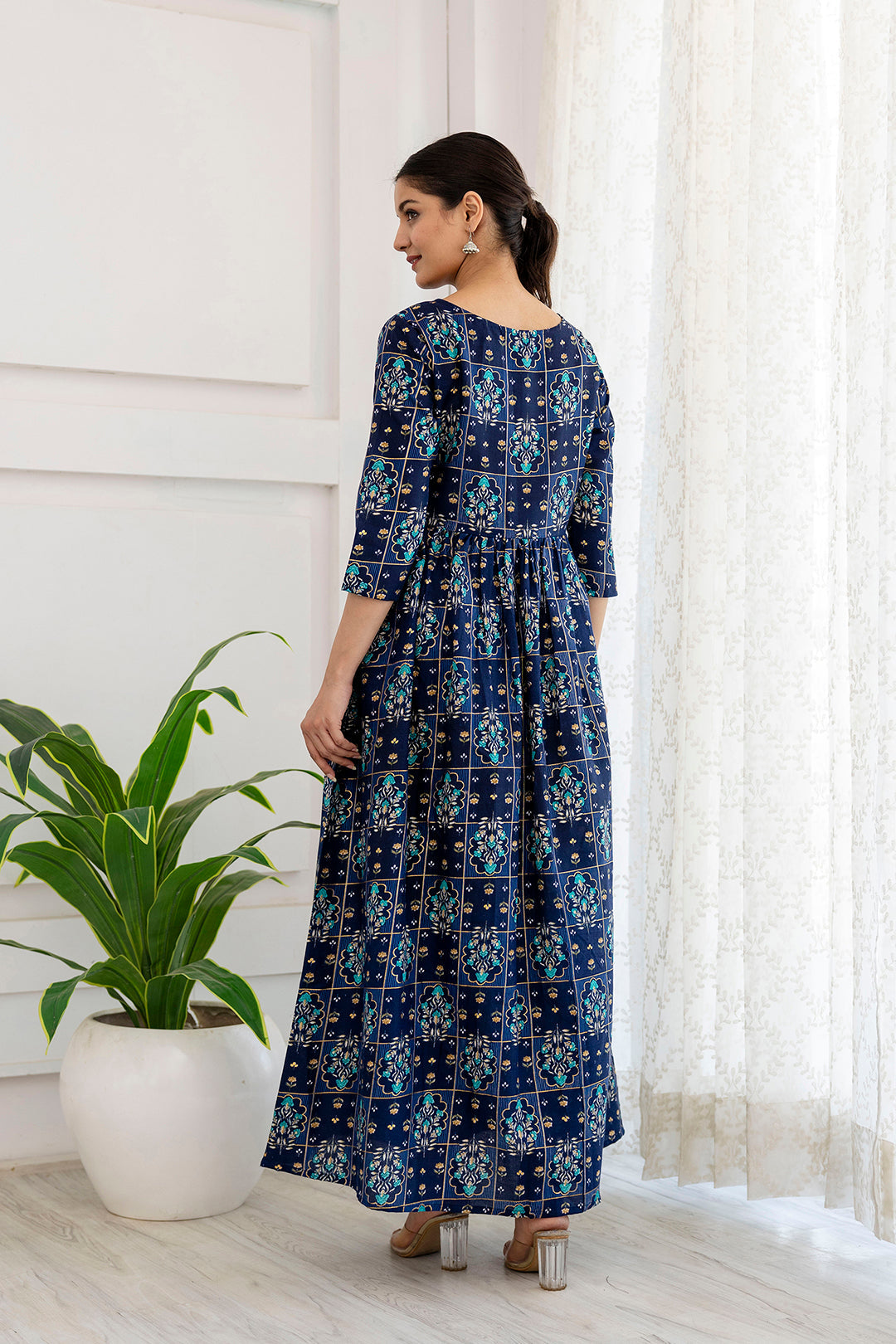 Women's Navy Blue Ethnic Printed Flared Dress - Taantav