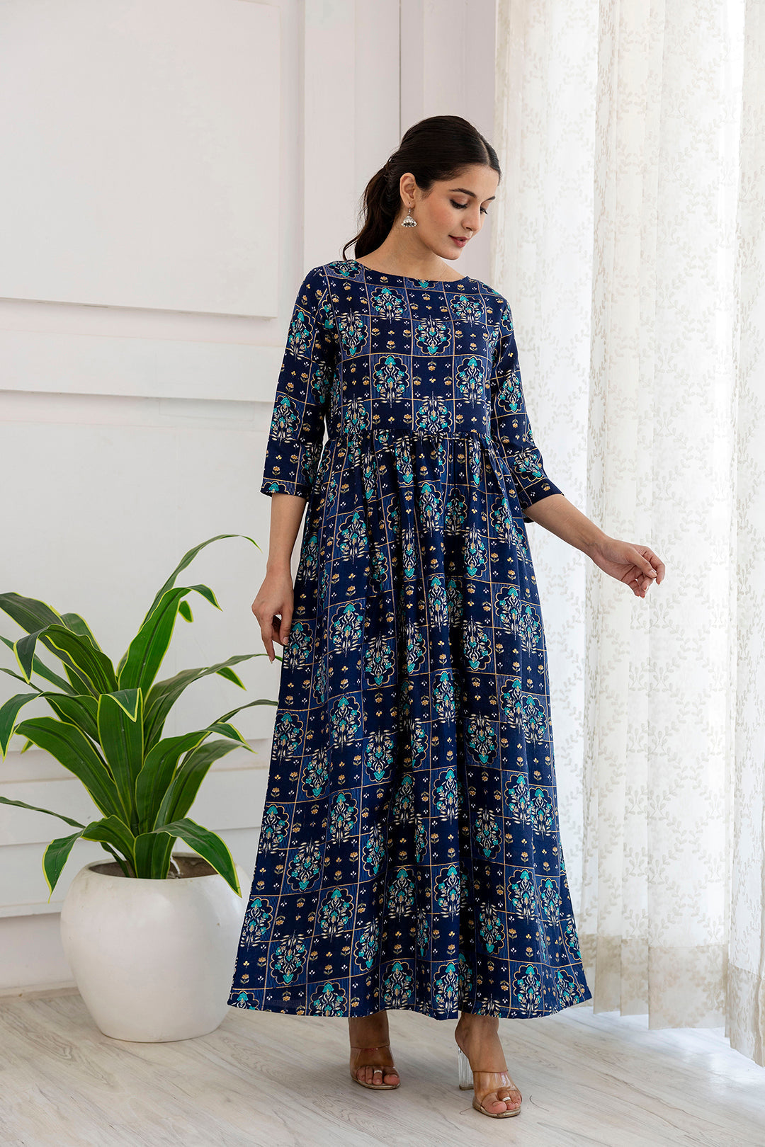 Women's Navy Blue Ethnic Printed Flared Dress - Taantav