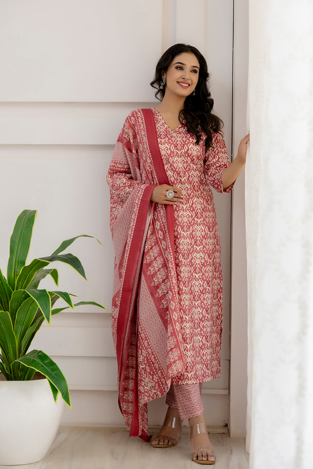 Women's Pink Printed Straight Kurta And Trouser With Dupatta - Taantav