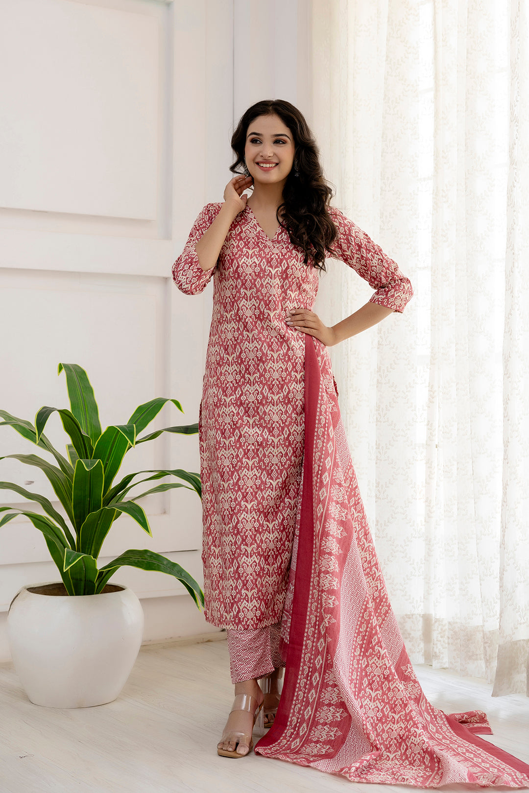 Women's Pink Printed Straight Kurta And Trouser With Dupatta - Taantav