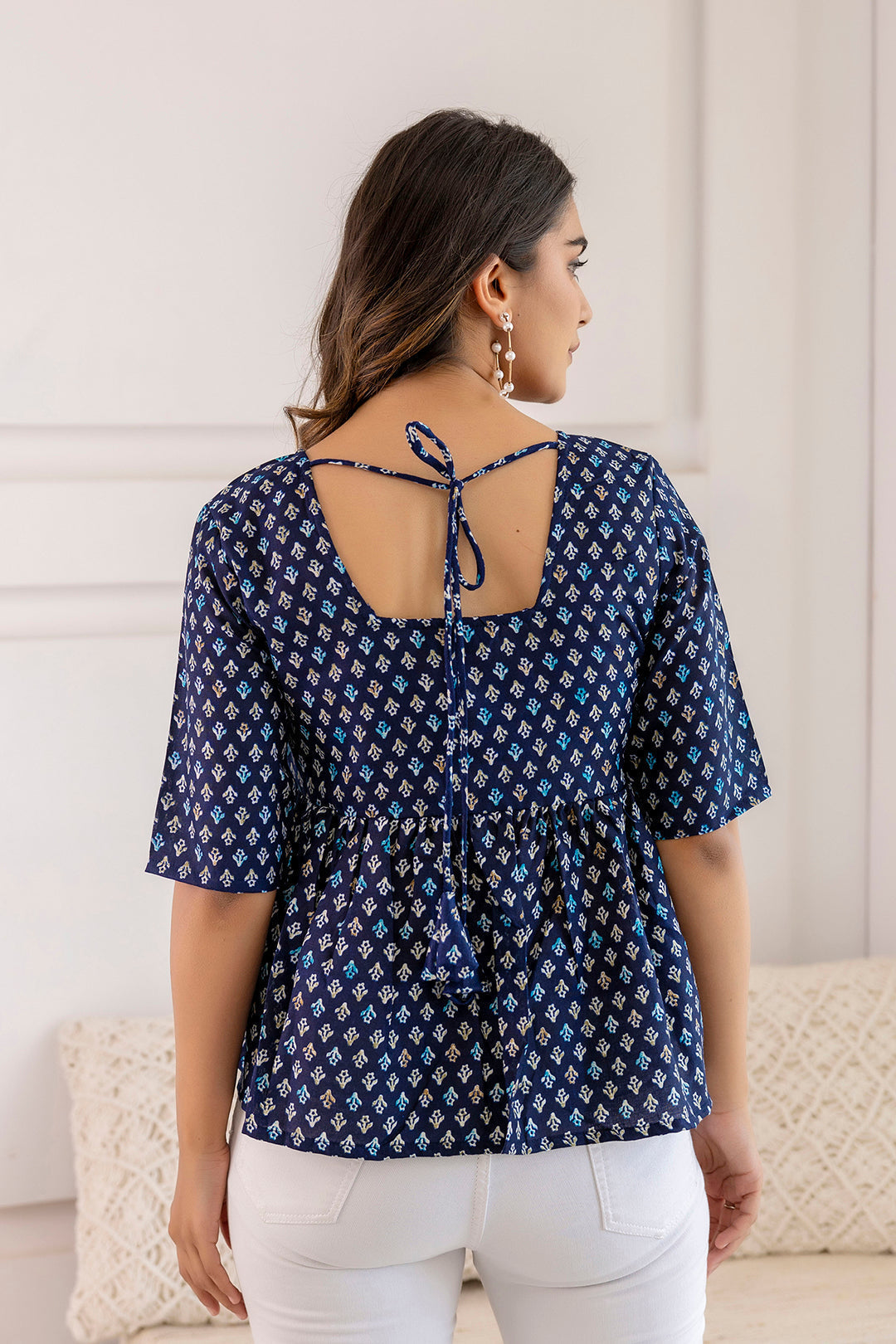 Women's Navy Blue Printed V-Neck Peplum Tunic - Taantav