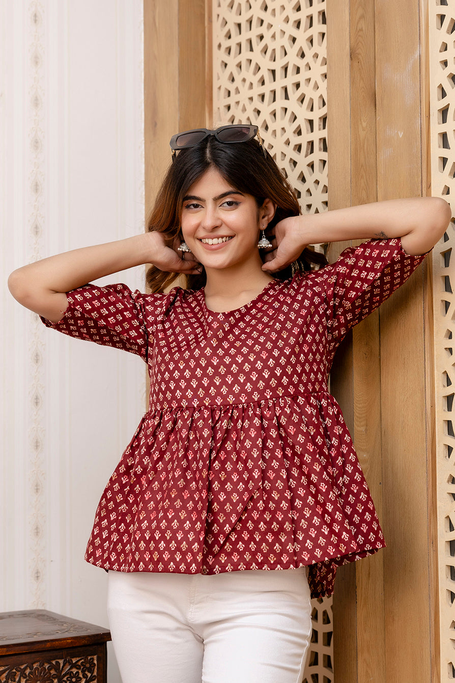 Women's Maroon Printed V-Neck Peplum Tunic - Taantav