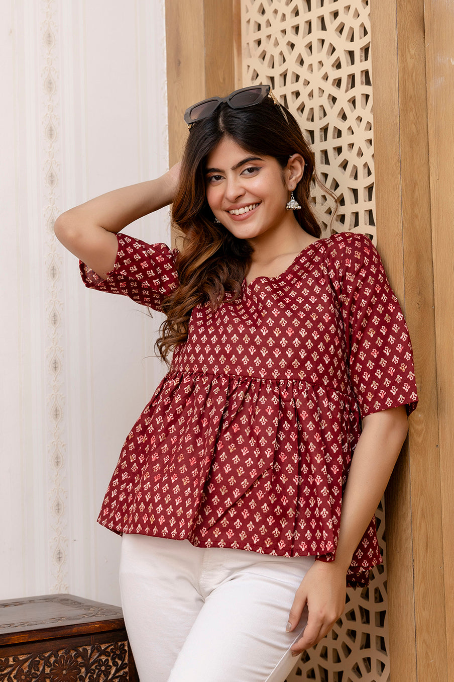 Women's Maroon Printed V-Neck Peplum Tunic - Taantav