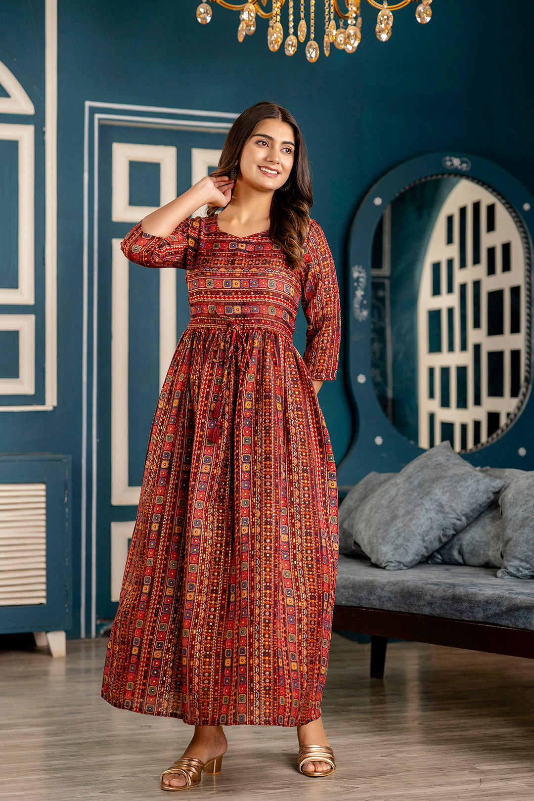 Women's Maroon Ethnic Printed Flared Dress - Taantav