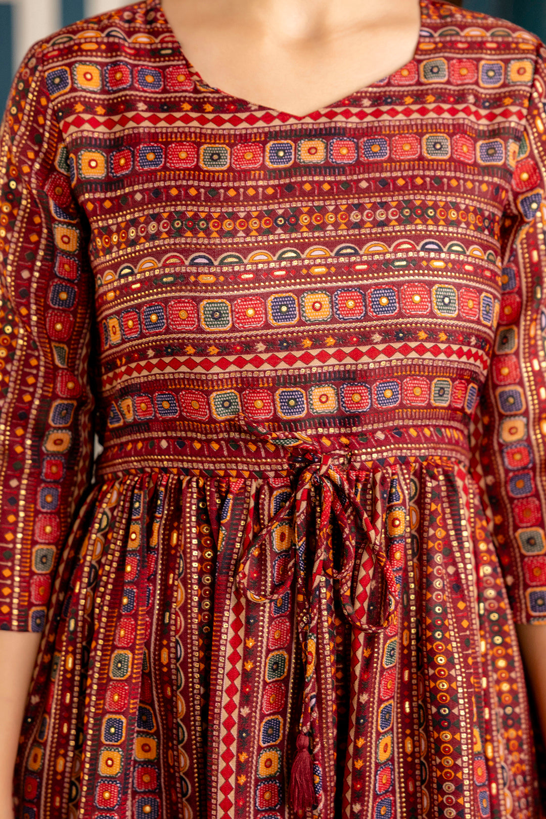 Women's Maroon Ethnic Printed Flared Dress - Taantav