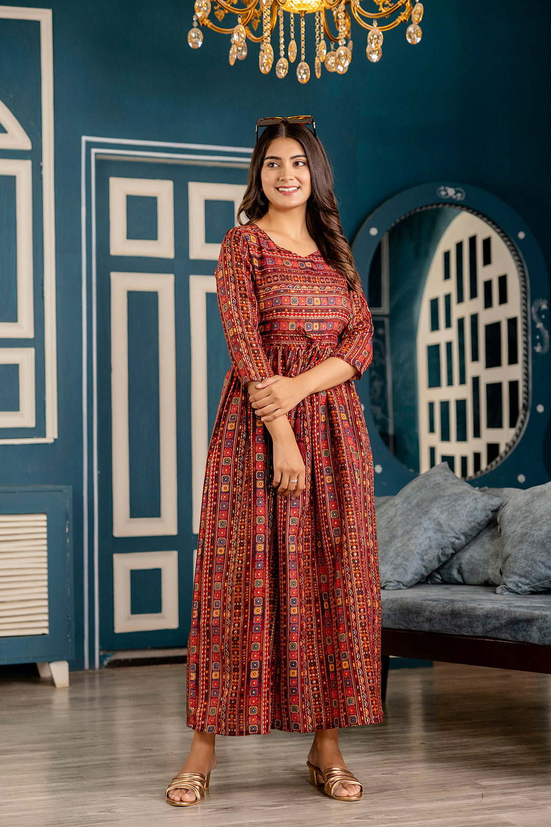 Women's Maroon Ethnic Printed Flared Dress - Taantav