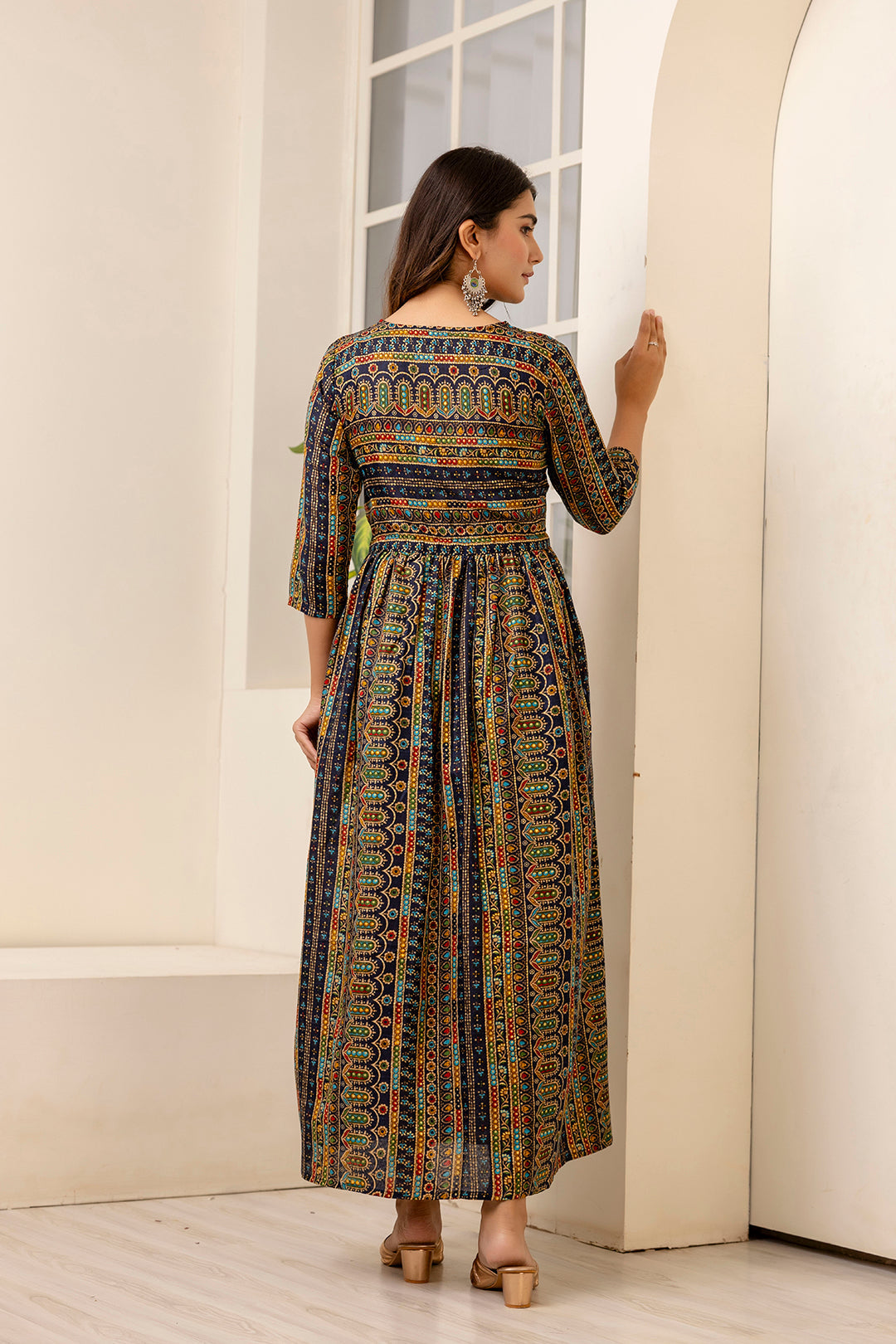 Women's Black Ethnic Printed Flared Dress - Taantav