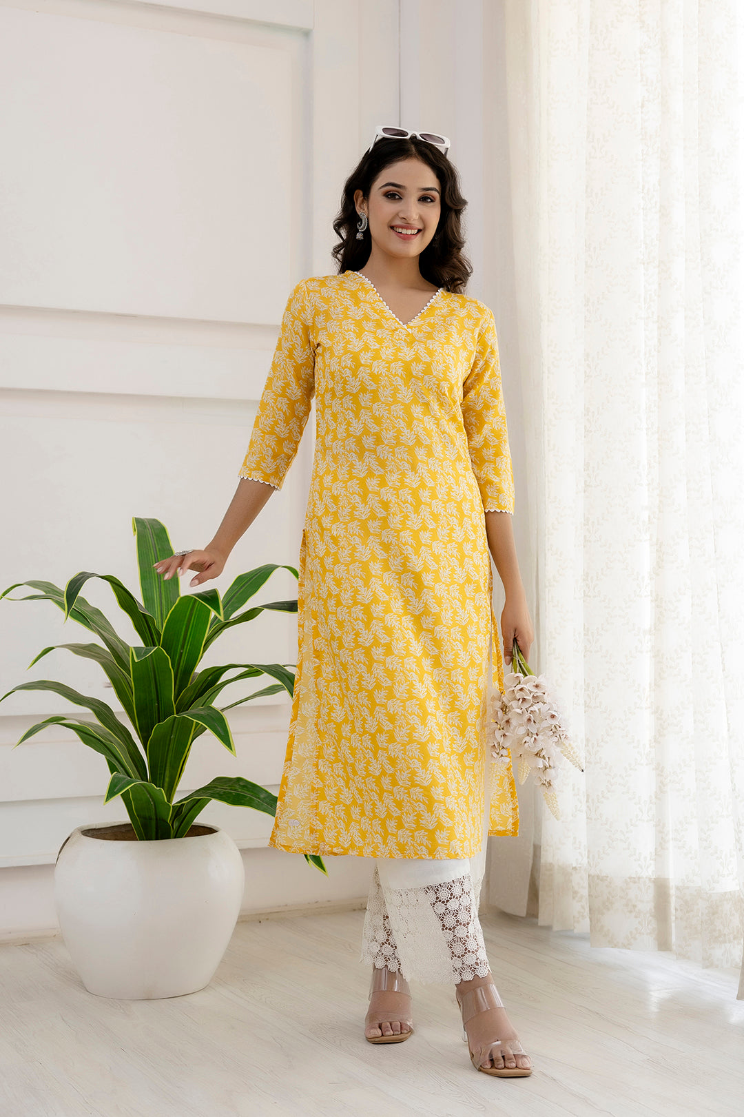 Women's Yellow Printed Straight Kurta with Three Quarter Sleeves - Taantav