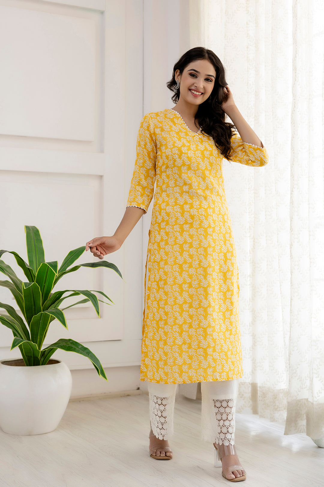 Women's Yellow Printed Straight Kurta with Three Quarter Sleeves - Taantav