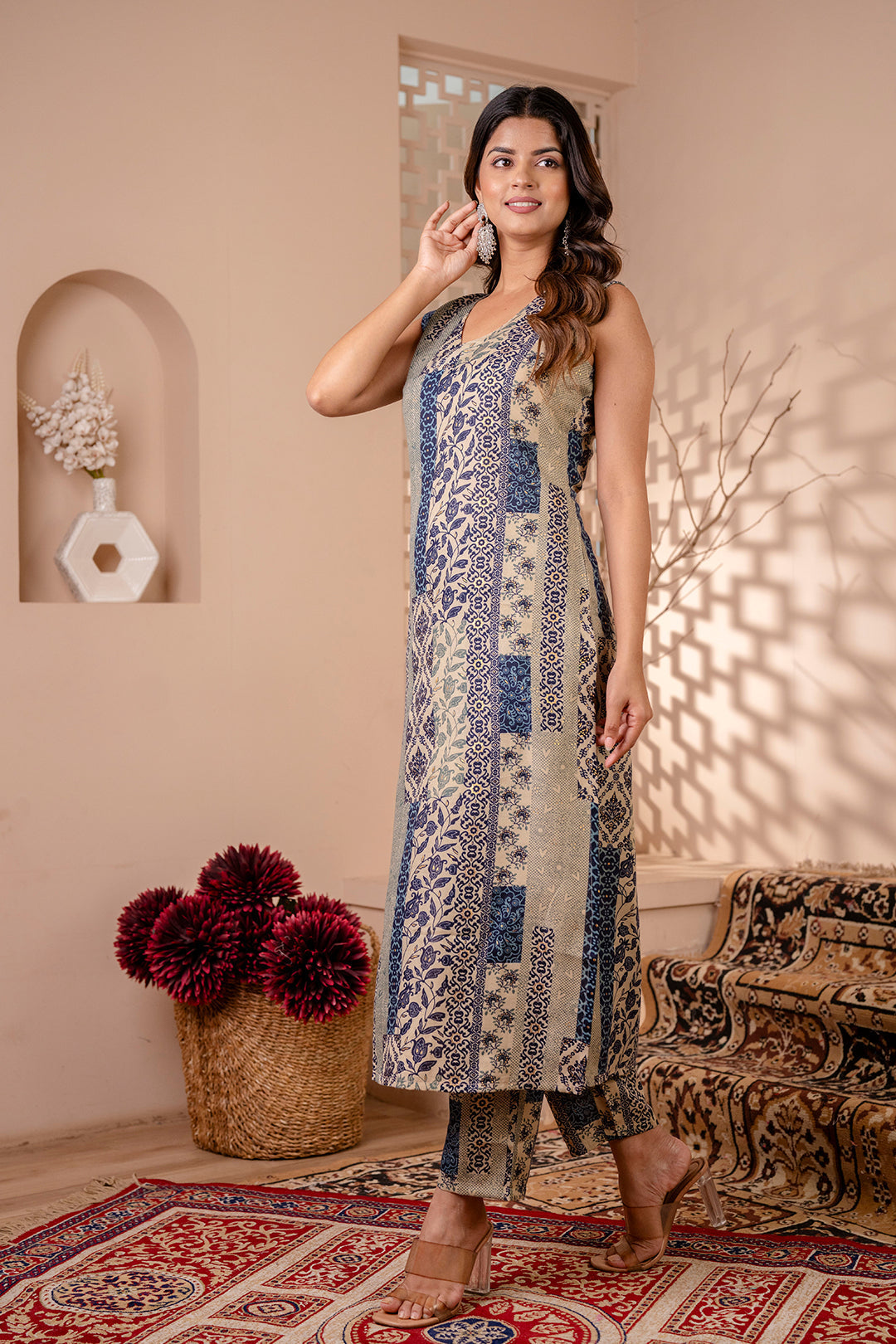 Women's Blue Printed Kurta With Trouser - Taantav