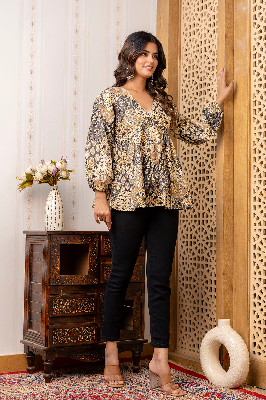 Women's Black Printed Peplum Tunic - Taantav