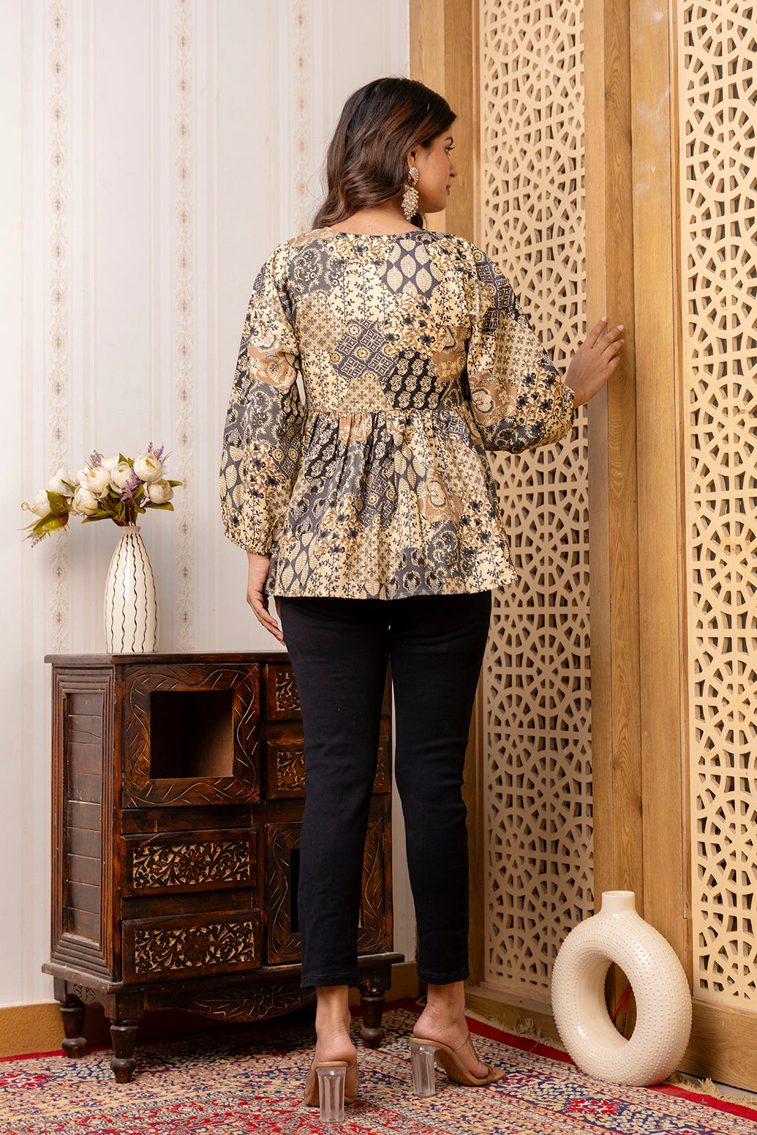 Women's Black Printed Peplum Tunic - Taantav