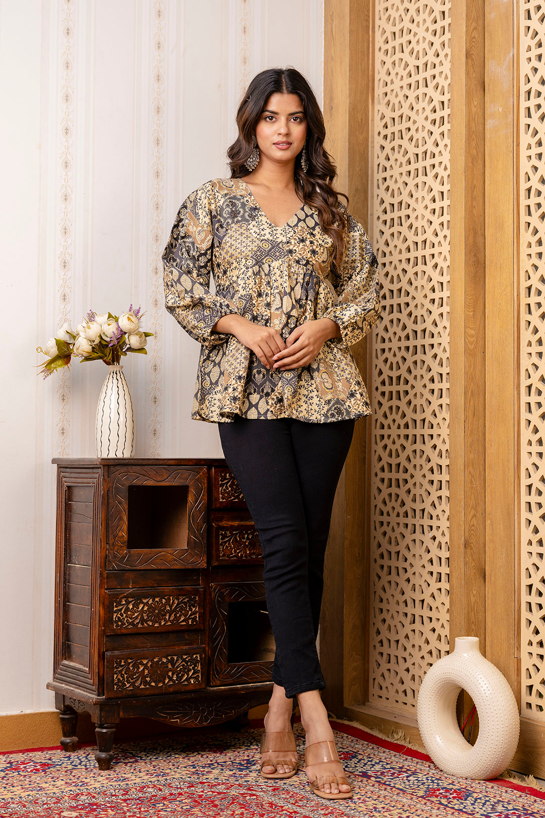 Women's Black Printed Peplum Tunic - Taantav