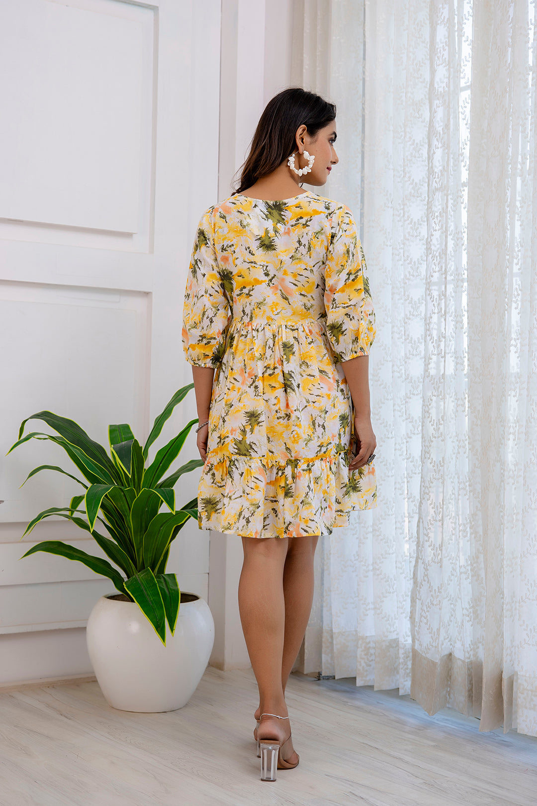 Women's Yellow Printed Flared Dress - Taantav