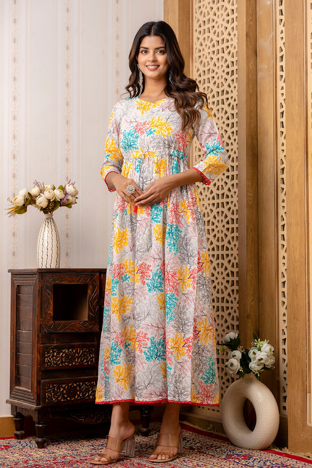 Women's Multi Ethnic Printed Flared Dress - Taantav