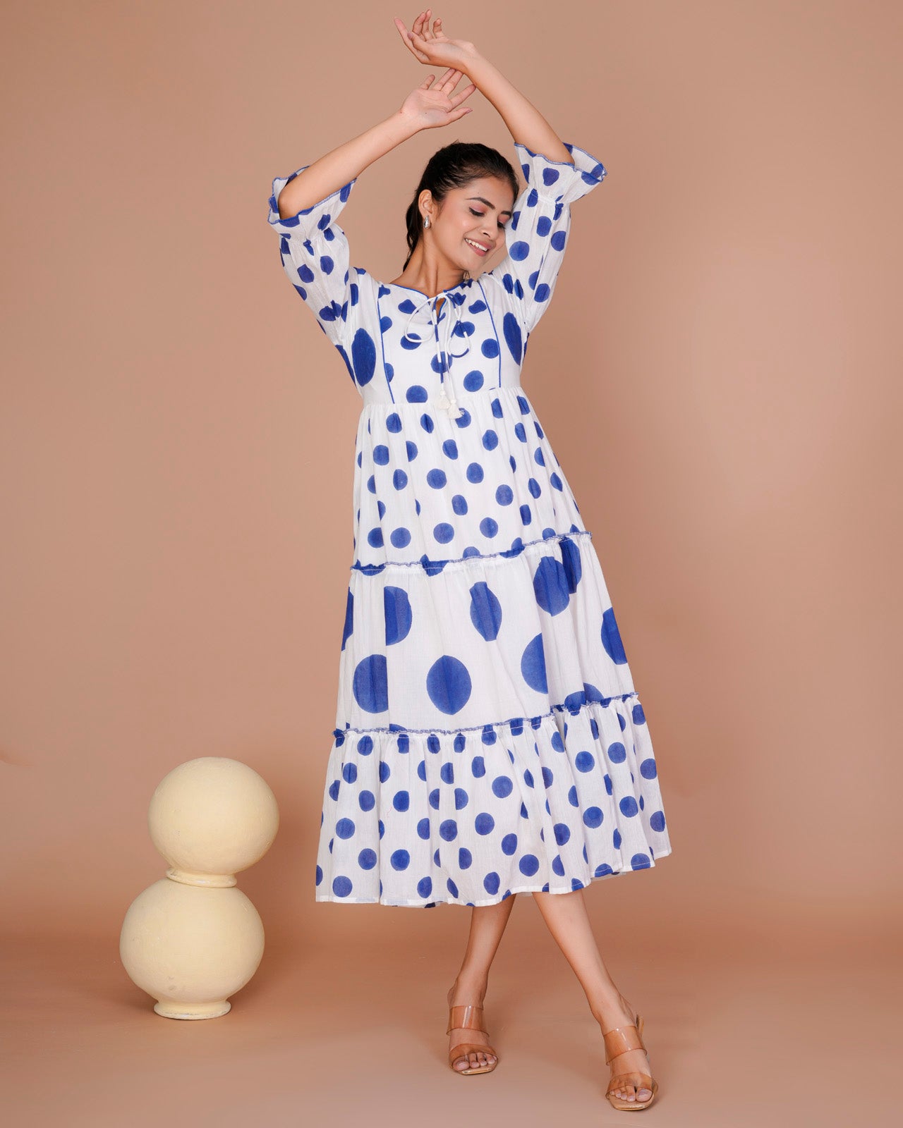 Women's Blue&White Cotton Block Print Polka Dot Dresses Blue / 3XL | Trendia Global Women's Blue&White Cotton Block Print Polka Dot Dresses Blue / 3XL | Trendia Global