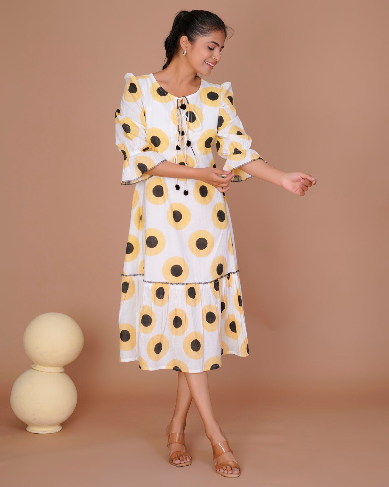 Women's Yellow Cotton Block Print Polka Dot Dresses Yellow / XS | Trendia Global Women's Yellow Cotton Block Print Polka Dot Dresses Yellow / XS | Trendia Global
