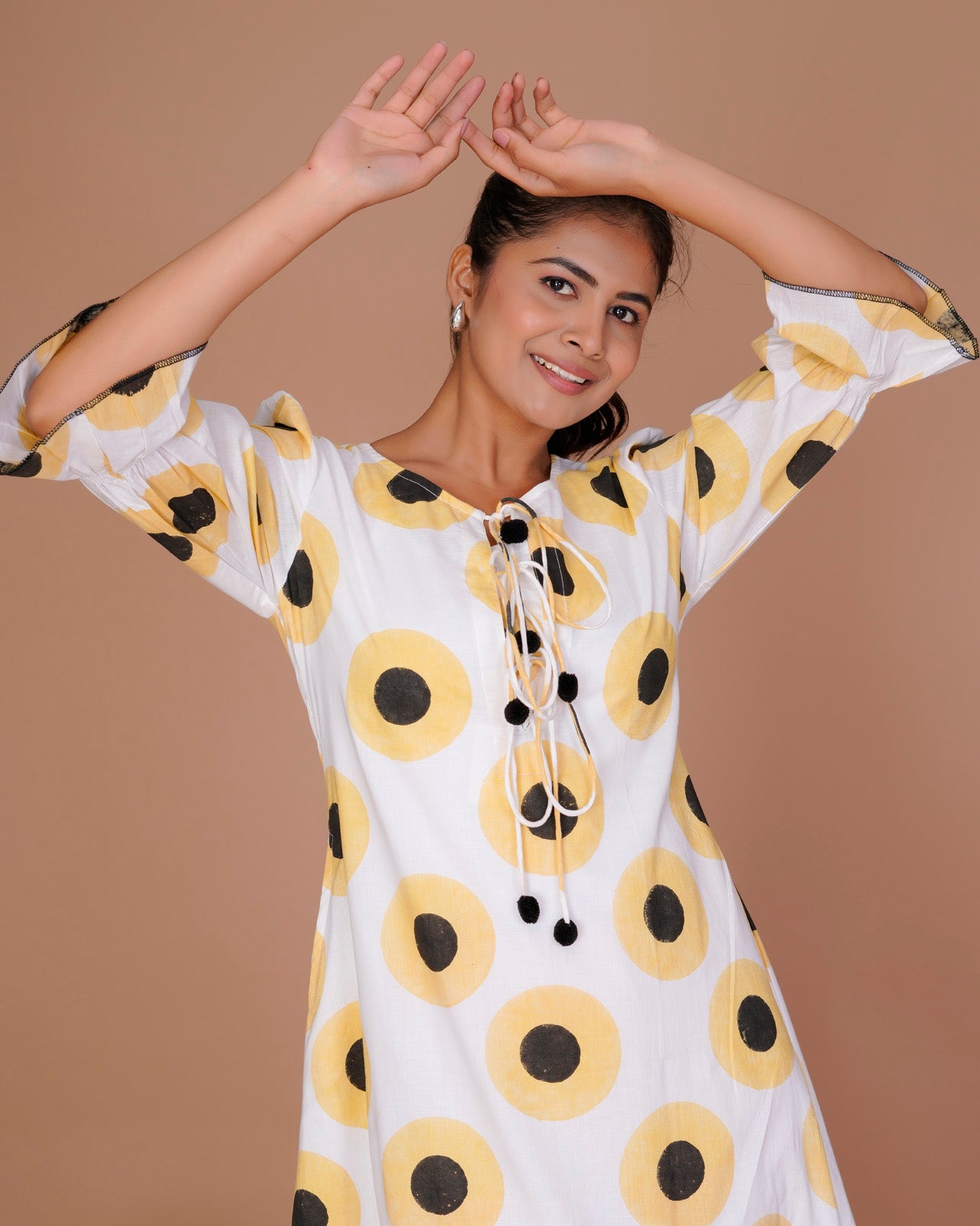Women's Yellow Cotton Block Print Polka Dot Dresses Yellow / XS | Trendia Global Women's Yellow Cotton Block Print Polka Dot Dresses Yellow / XS | Trendia Global