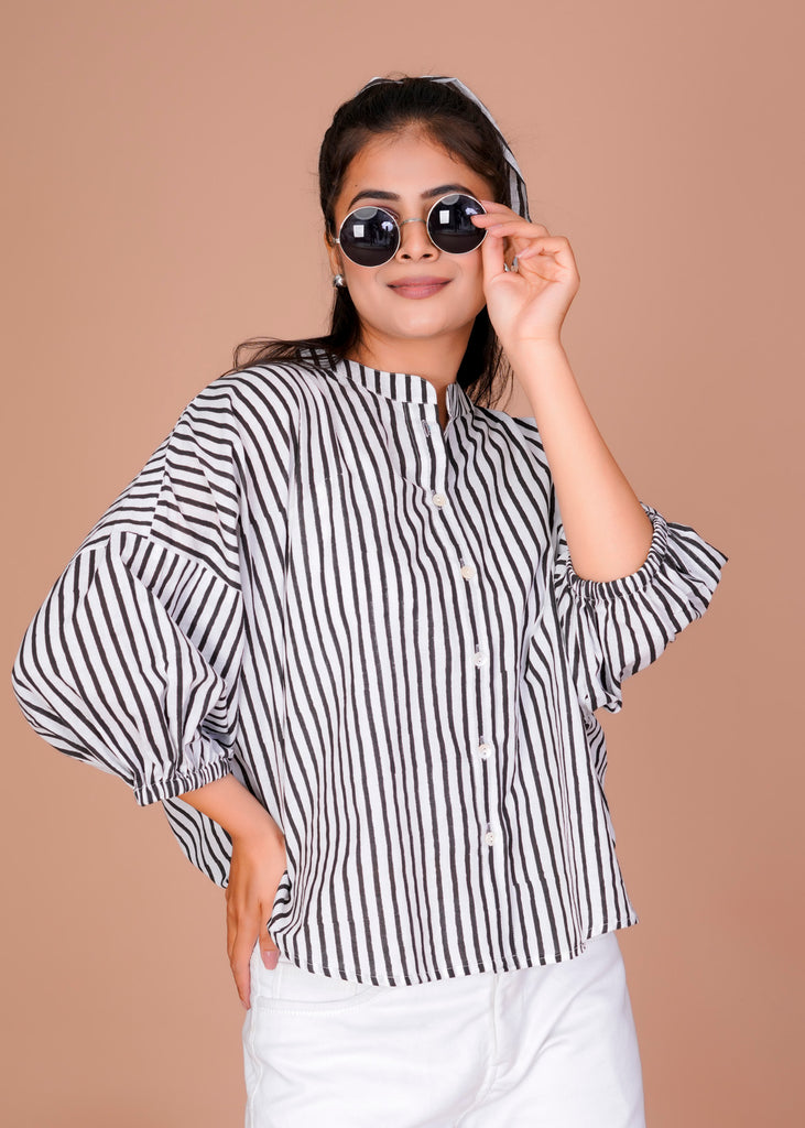 Women's Black Cotton Hand Block Print Shirts