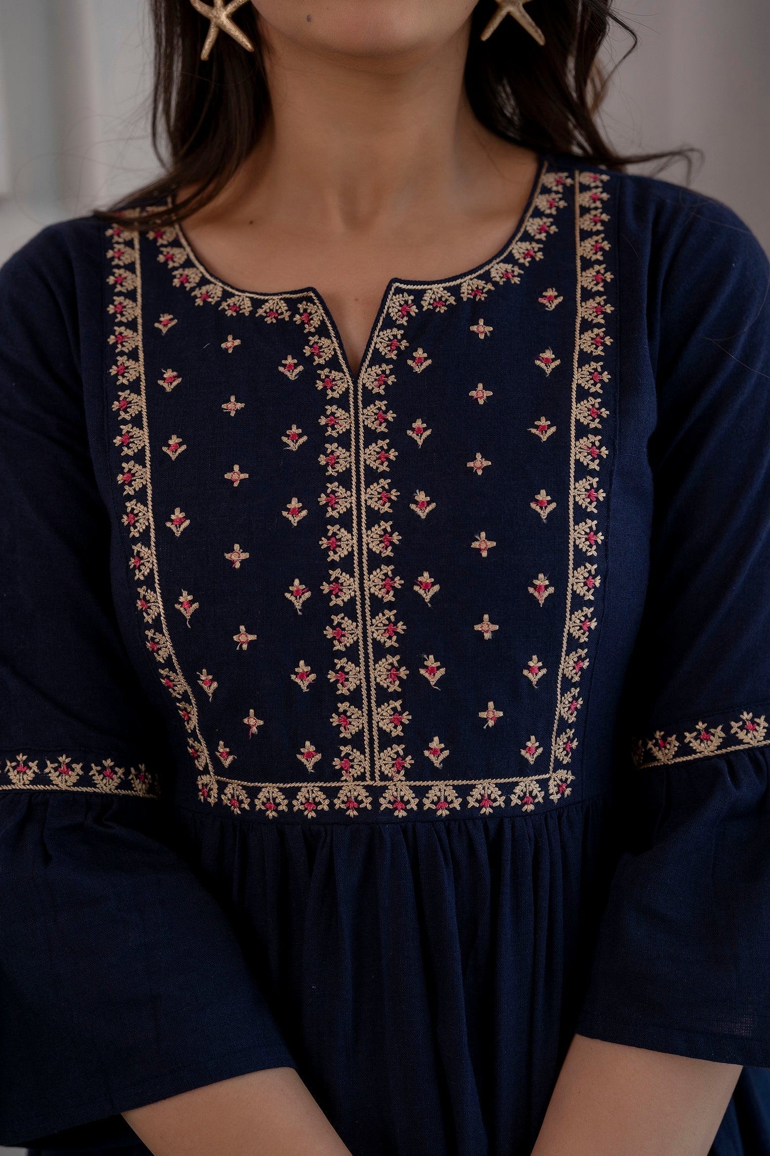 Women's Navy Blue Embroidered Peplum Tunic - Taantav